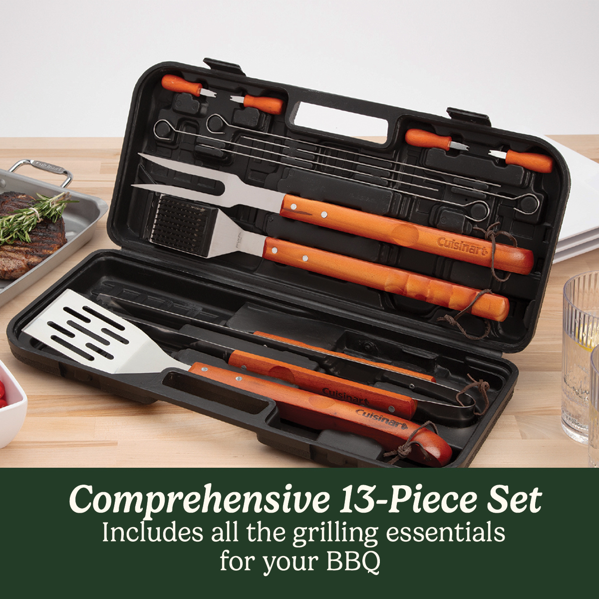 Wooden Handle Grill Tool Set with Case, 13-Piece