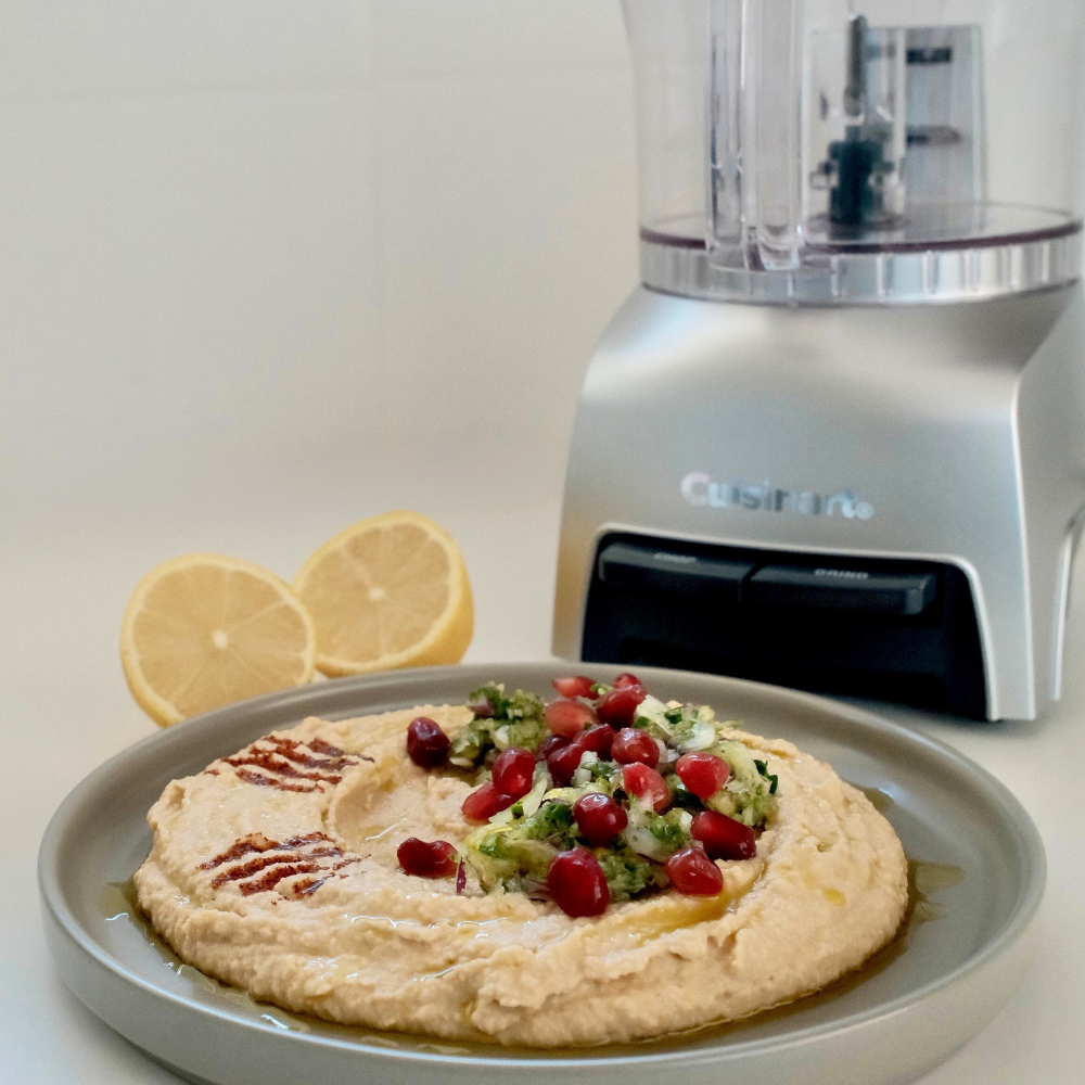 Easy Hummus topped with a Herb Relish