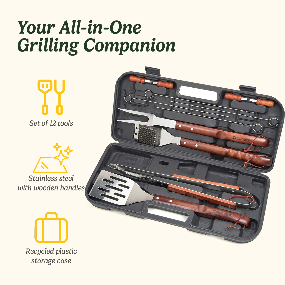 Wooden Handle Grill Tool Set with Case, 13-Piece