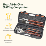 Wooden Handle Grill Tool Set with Case, 13-Piece