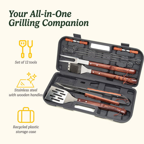 Wooden Handle Grill Tool Set with Case, 13-Piece
