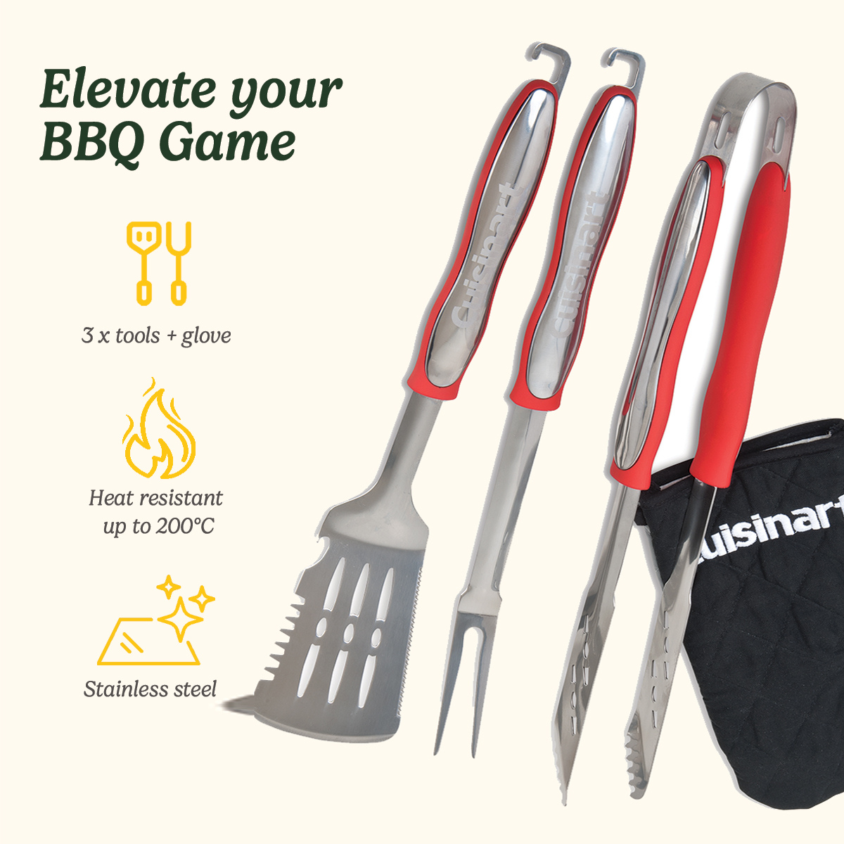 Grilling Tool Set with Grill Glove, Red (3-Piece)